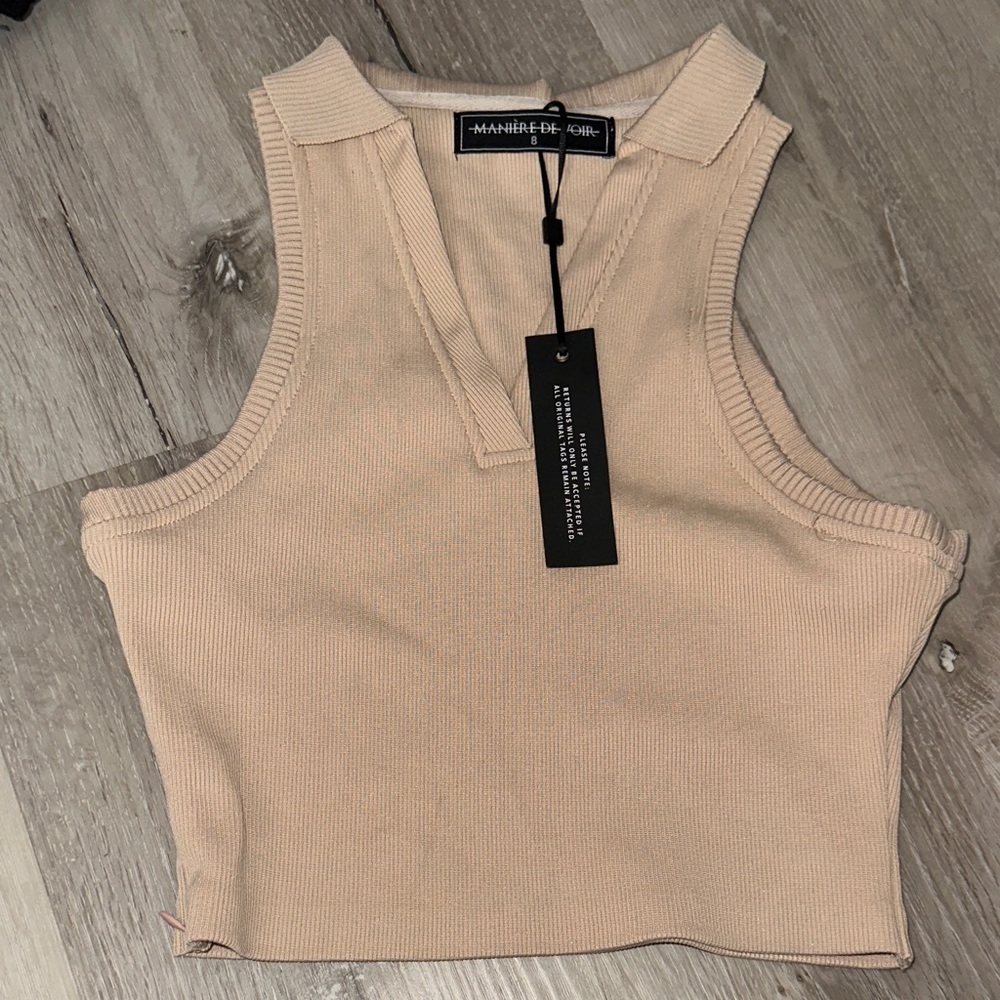 Maniere De Voir Beige Ribbed Polo Crop Tank